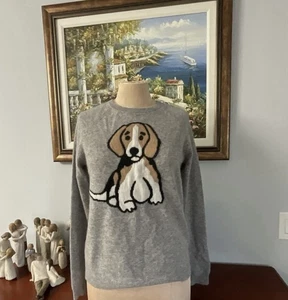 NWT Philosophy Cashmere in Flannel Gray Brown Beagle Dog Crewneck Sweater S - Picture 1 of 4