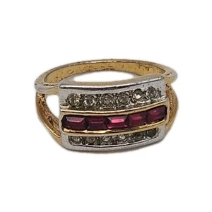 18KT HGE Art Deco Red Baguette Rhinestone Rectangle Tank Ring Vintage Size 7.75 - Picture 1 of 19