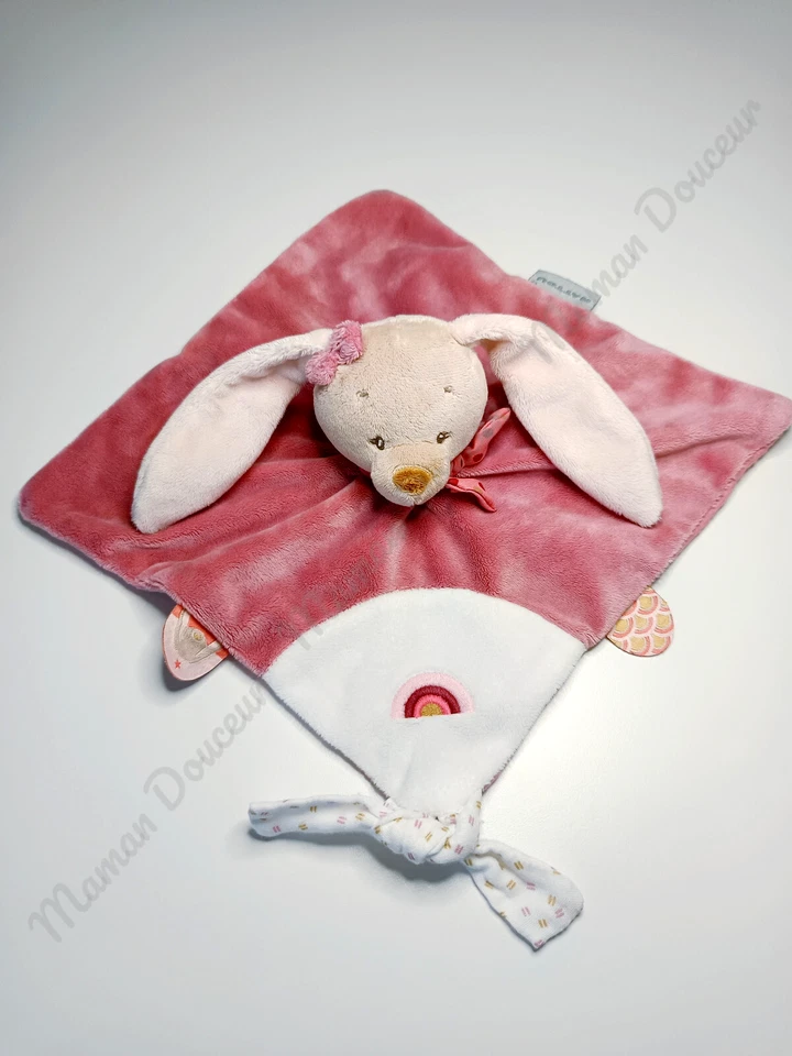 Doudou Plat Pauline Lapin Veloudoux Rose Blanc Arc En Ciel Attache Tétine Nattou - Photo 1/4