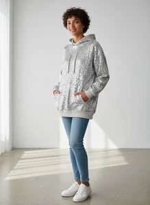 Lux Long Sequin Hoodie Silver , Sample,  No size tag, Size S - Foto 1 di 6