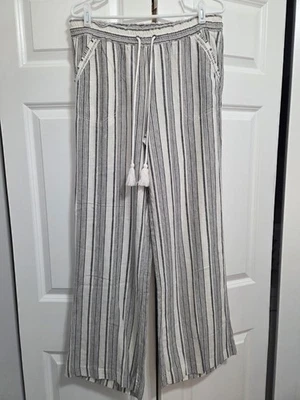 Pantalones a Rayas Jolt Lino Pierna Ancha, Blanco y Gris, Mujer Talla 11/30W Foto 1 de 4