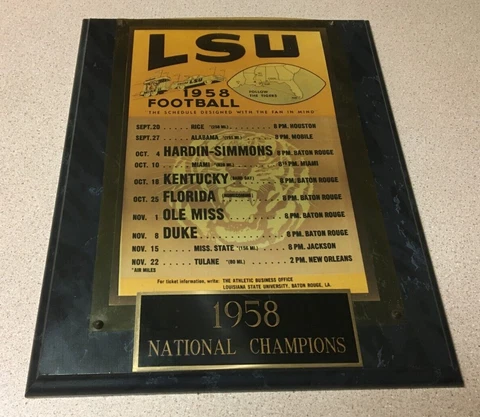 VINTAGE LSU TIGERS 1958 NATIONAL CHAMPIONS 1958 FOOTBALL SCHEDULE OLD PLAQUE Cover