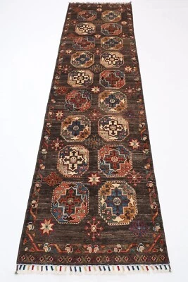 10 ft Ersari Bokhara Hallway Runner Rug Afghan Hand Knotted Wool Bedroom Rug - Image 1 of 4