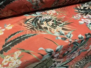 Power Mesh Stretch Fabric, Per Metre - Jungle Flowers & Animal Print - Coral - Picture 1 of 3