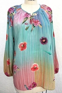 Blusa Tolani 100% Seda Campesina Turquesa Floral Cerradura Cuello LS Top Talla Grande - Imagen 1 de 24