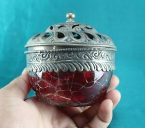 Vintage Incense Burner Red Crackle Glass Design Old Rare Decorative Metal Box