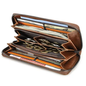 Contacts Men Leather Zip Around RFID Long Wallet Clutch Bag Phone 12 Card Holder - Picture 1 of 14