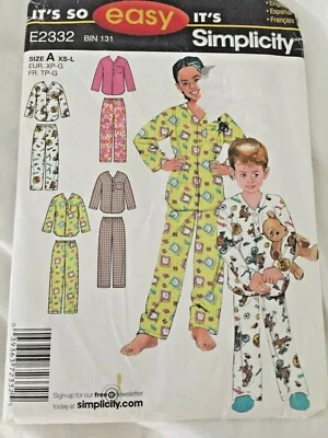 PATTERN Simplicity E2332 CHILD'S Pajama Top and Pants Size A (XS-L) UNCUT EASY - Image 1 of 3