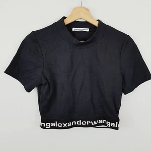 ALEXANDER WANG T Womens M or 12 Black Logo Tape Crop T- Shirt Top - Authentic - Picture 1 of 6