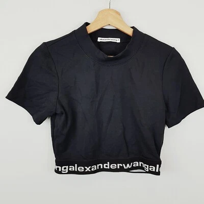 ALEXANDER WANG T Womens M or 12 Black Logo Tape Crop T- Shirt Top - Authentic - image 1 of 4