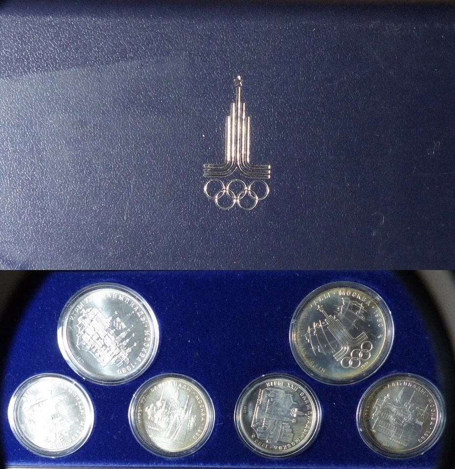 俄罗斯:1980 年莫斯科奥运会 6 枚硬币套装原产地 SIlver。 盒IRTM2745 — 第 1/1 张图片
