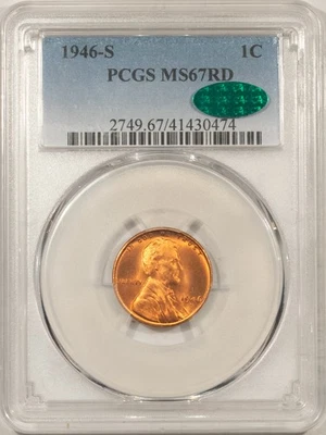 1946-S LINCOLN CENT - PCGS MS-67 RD, PREMIUM QUALITY+! CAC APPROVED! - Image 1 of 3
