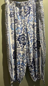 Rachel Zoe Leinenmischung Resort Hose L weites Bein Pull On blau Blumen Kordelzug - Bild 1 von 12