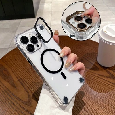Прозрачный ударопрочный магнитный чехол-стойка + пленка для объектива для iPhone 17 16 Pro Max 15 14 13 - Изображение 1 из 4