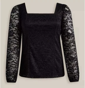 Blusa Elegante Top Torrid Negra Cuello Cuadrado Encaje Manga Larga Talla Grande 2/2X Nueva - Imagen 1 de 11