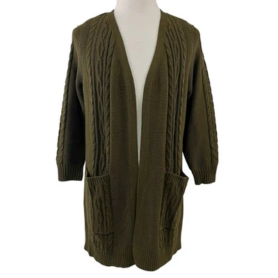 Denim & Co Cable Knit Open Front Cardigan Sweater Olive Women’s Size 1X New 9657 - Image 1 of 4