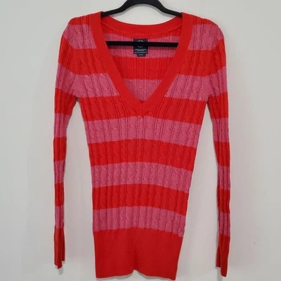 Y2K American Eagle Red and Pink Striped V neck Wool Blend Sweater SZ L Ribbed - Image 1 of 4