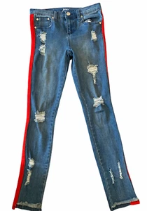 Pinc girls hi low hem distressed skinny jeans with red panels 14 - Picture 1 of 2