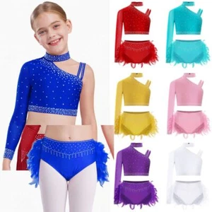 Kids Girls Outfits Performance Dancewear Latin Set Lyrical One Shoulder Hip Hop - Picture 1 of 64