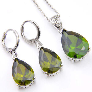 Holiday 2 pcs 1 Lot Drop Olive Peridot Gems Platinum Plated Pendants Earrings