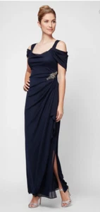 Alex Evenings Long Cold Shoulder Dress with Cowl Neckline - Navy Blue - Size 14 - Picture 1 of 15