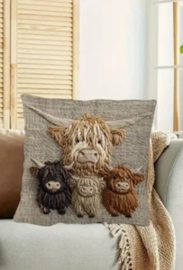x 2 Highland Cow Calf Cushion Cover 45 cm X 45 cm Farmhouse Country Decor Farm - Picture 1 of 4