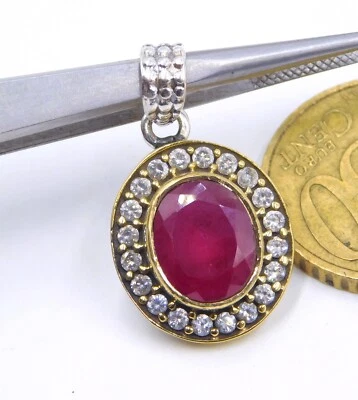 925 Argento Sterling Sintetico Rubino & C.Z.Pietra Bicolore Ciondolo da Donna Da - Immagine 1 di 4