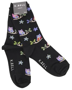 K. Bell Women's Colorful Owls Crew Socks 60% Cotton Black Purple Size 9-11 - Picture 1 of 4