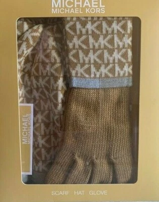 $98 Michael Kors Gorro Bufanda Guante Conjunto Logo Tejido Bronceado Blanco Gris Para Mujer Foto 1 de 2