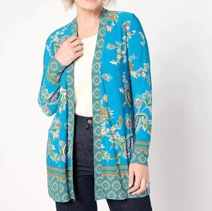 Susan Graver Size 1X Petite Mallard Jade Printed Liquid Knit LongSleeve Cardigan - Picture 1 of 4