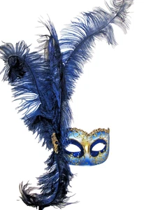 MAR 19 HANDMADE IN ITALY,  PAPIER MACHE MASK, ROYAL BLUE  FEATHERS/GOLD FACE. - Picture 1 of 3