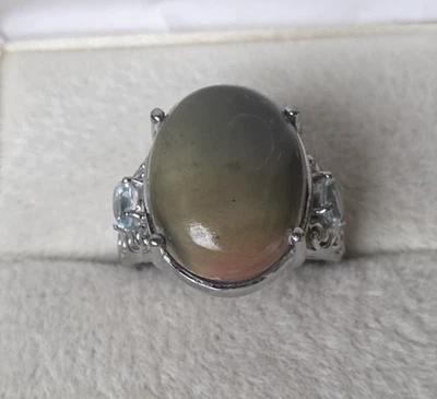 Anillo Venus gris jaspe y topacio azul cielo en acero inoxidable, tamaño 8, 16,65 ctw Foto 1 de 4