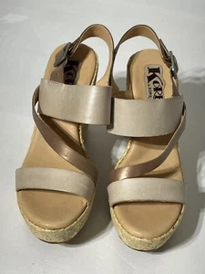 Kork-Ease leather platform wedge cork ankle strap sandals 6 M Nude & Metallic - Picture 1 of 7