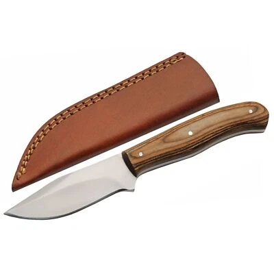 Compact Hunting Knife Stainless Steel Blade Brown Wood Handle + Leather Sheath - Image 1 of 4