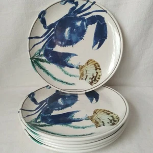 Sea Life Melamine 9" Luncheon Plate Set Of 6 Blue Crab Seashell - Picture 1 of 14