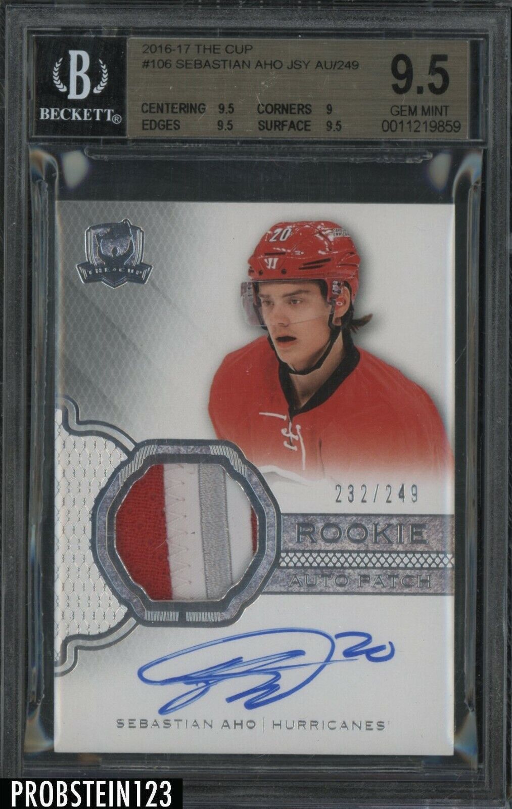 2016-17 THE CUP Sebastian Aho RPA RC Rookie Patch AUTO 232/249 BGS 9.5