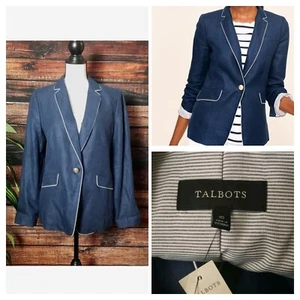 Talbots Blazer Size 10 Linen Jacket Classic Lined One Button Navy Blue Womens - Picture 1 of 13
