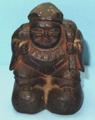 Antique Japanese Shinto Deity Wood Carving 4.25" Tall x 2.5" x 2.75" - Imagem 1 de 4