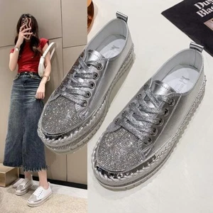Zapatillas informales de fondo plano para mujer con suelas gruesas con cordones de diamante - Imagen 1 de 6