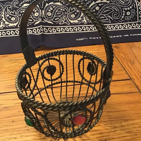 Vintage Basket Metal Work Wire Ornate Moving Handle Jewels Small Accent 3x5in AA Cover