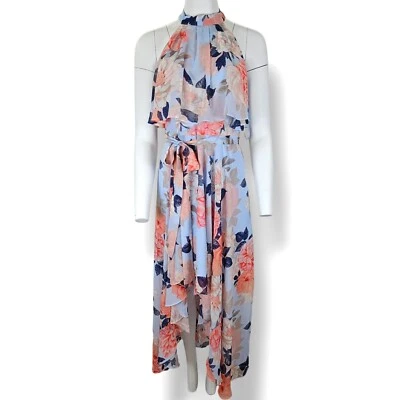 Maxi Vestido Eliza J Floral Halter Talla 6 Azul Rosa Volantes Gasa Corbata Cintura Foto 1 de 4