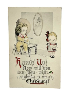 Antike CLEN DENING "Hände hoch" kleines Cowgirl Weihnachts Postkarte - Bild 1 von 5