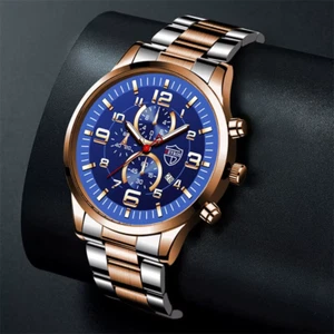 Men's Watches Luxury Stainless Steel Quartz Watch Leather Calendar Sports Wristw - Picture 1 of 18