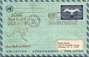 UNITED NATIONS 1967 CACHET FIRST FLIGHT AIRMAIL LETTER TO FIJI CANC NEW YORK - Picture 1 of 2