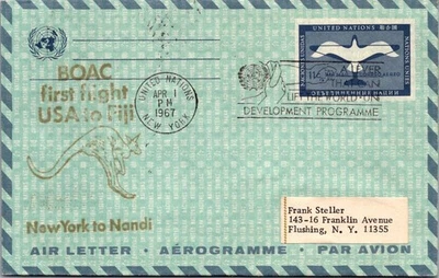 UNITED NATIONS 1967 CACHET FIRST FLIGHT AIRMAIL LETTER TO FIJI CANC NEW YORK - Image 1 of 2