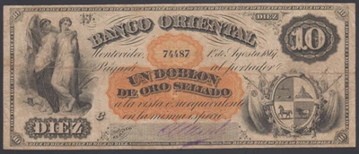 Uruguay  10 pesos  1867  F-VF  P. S385,   Banknote, Circulated - Image 1 of 2