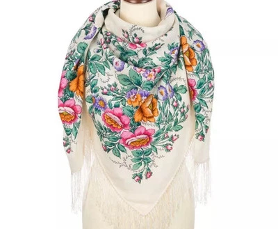 49” White green scarf square merino wool ethnic shawl Wrap Pavlovo Posad 1594 - Изображение 1 из 3