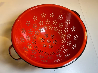 Vintage Mid Century Red Orange Enamel Enameled Colander Strainer w Handles JAPAN - Image 1 of 4