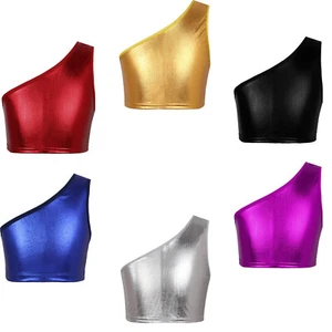 Kids Girls Shiny Metallic Dance Crop Tops Single Shoulde Vest Tank Top Ballet - Picture 1 of 61