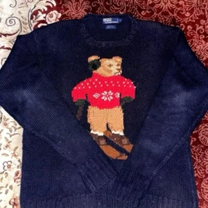 Polo Ralph Lauren Knit Sweater Polo Bear Ski Navy Size L Vintage 90s - Picture 1 of 4